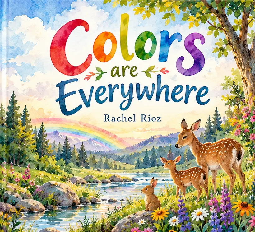 Colors Are Everywhere by Rachel Rioz, book cover: a doe, a fawn and a rabbit by a river in a wildflower meadow under a rainbow
